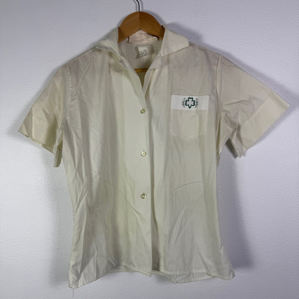 Vintage 60s Girl Scouts Cadette Blouse Women 14 White Good Trefoil Uniform Shirt